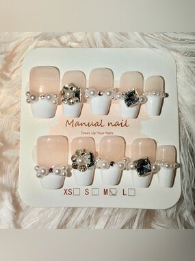 French Tip Press On Nails Custom Made accents of Pearl & Rhinestones Size Med